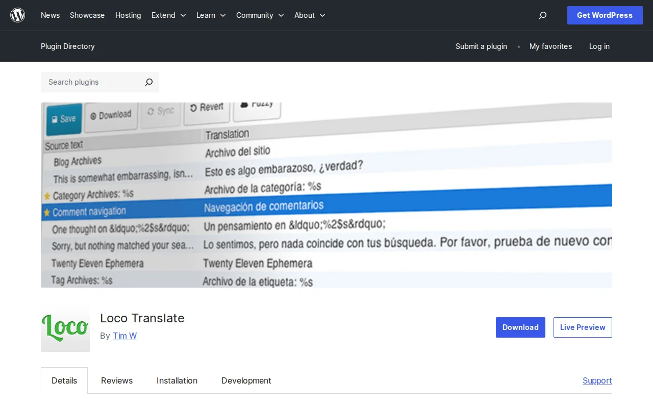 Loco Translate plugin page on WordPress.org showing 1+ million active installs and 4.8 star rating