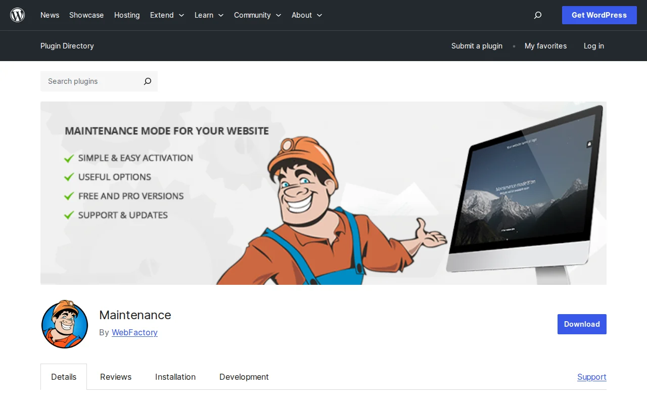 Maintenance plugin on WordPress.org