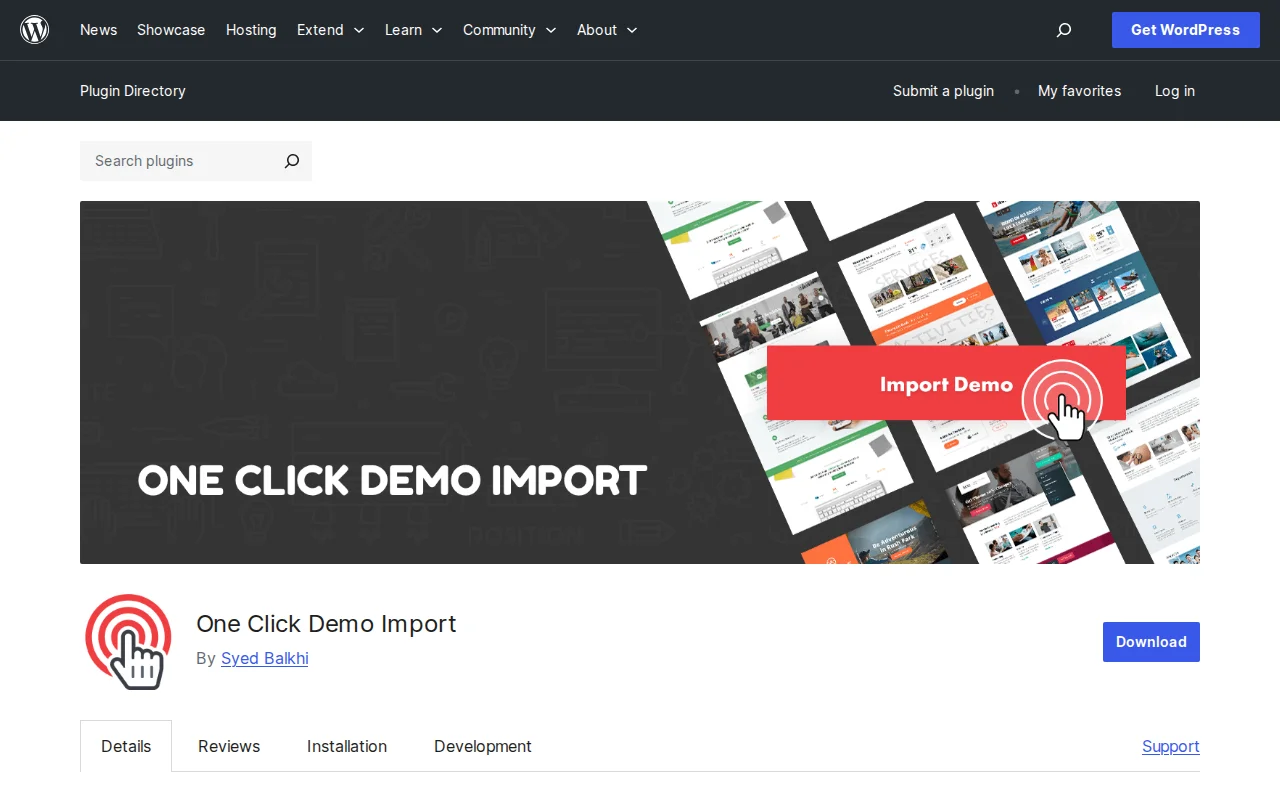 One Click Demo Import plugin on WordPress.org