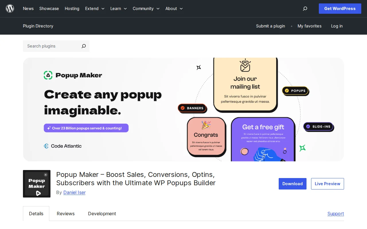 Popup Maker plugin page on WordPress.org