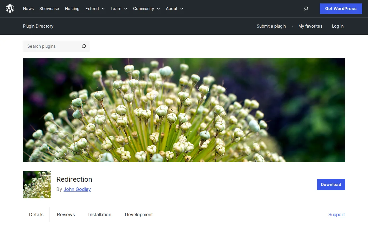 Redirection plugin page on WordPress.org — the most popular free 301 redirect manager with 2M+ active installs