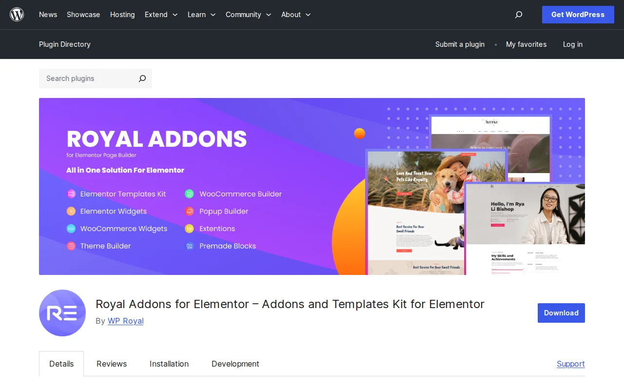 Royal Addons for Elementor plugin page on WordPress.org