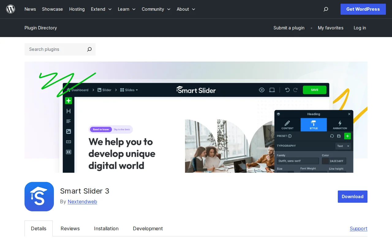 Smart Slider 3 plugin page on WordPress.org showing slider creation features