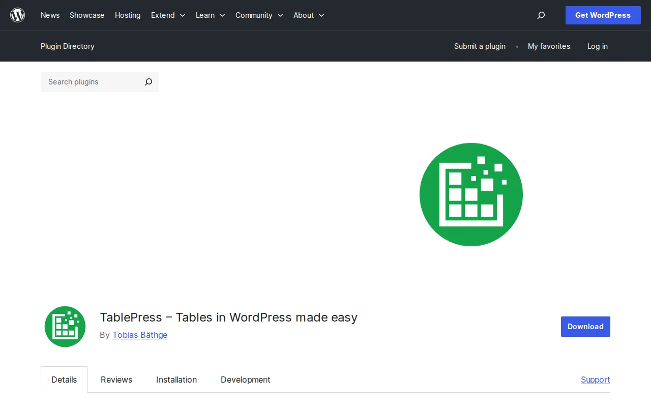 TablePress plugin page on WordPress.org