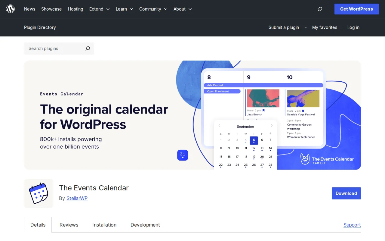 The Events Calendar plugin page on WordPress.org
