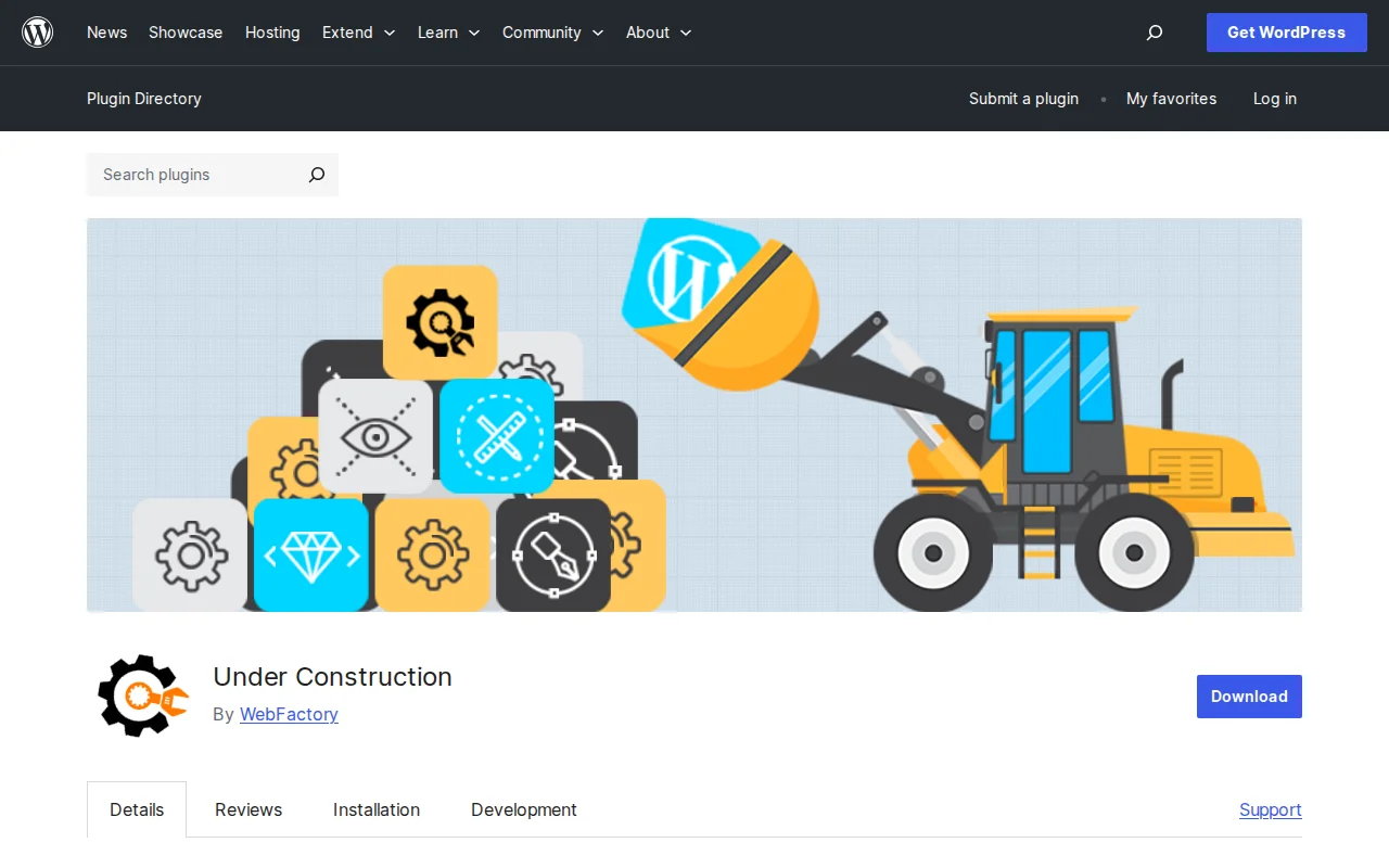 Under Construction plugin page on WordPress.org