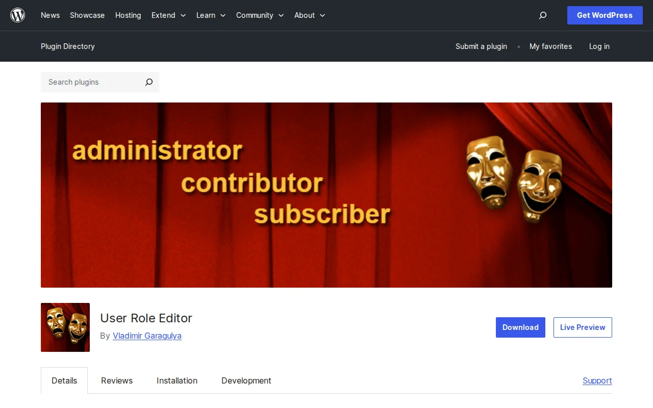 User Role Editor plugin page on WordPress.org