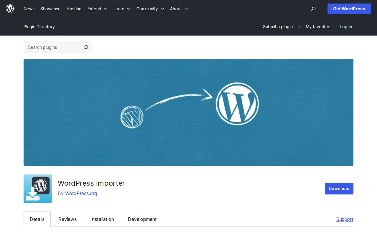 WordPress Importer plugin page on WordPress.org — the official WordPress content migration tool with 3M+ active installs