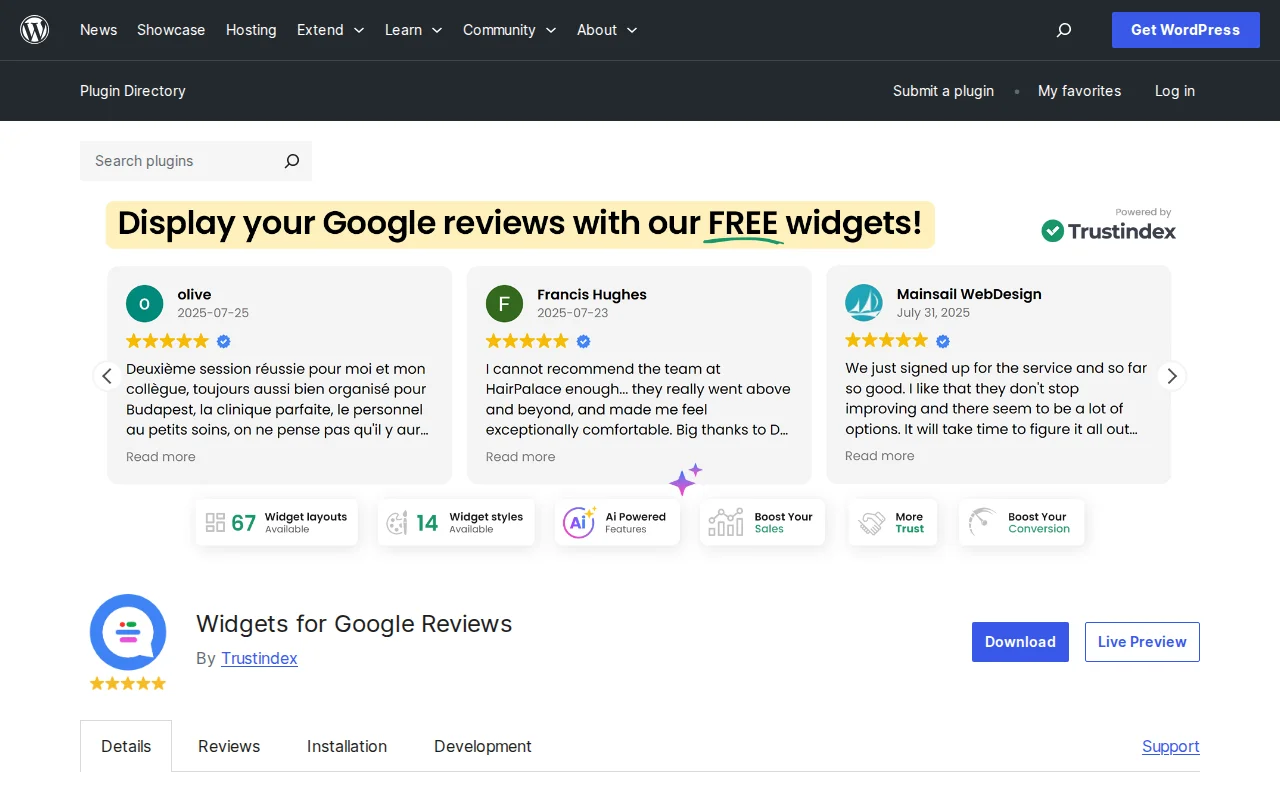 Widgets for Google Reviews plugin page on WordPress.org