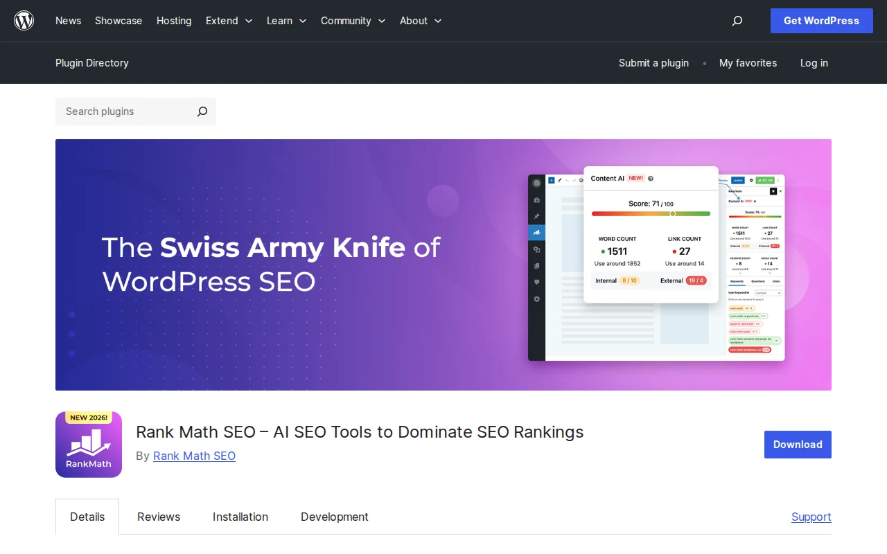 Rank Math SEO plugin page on WordPress.org