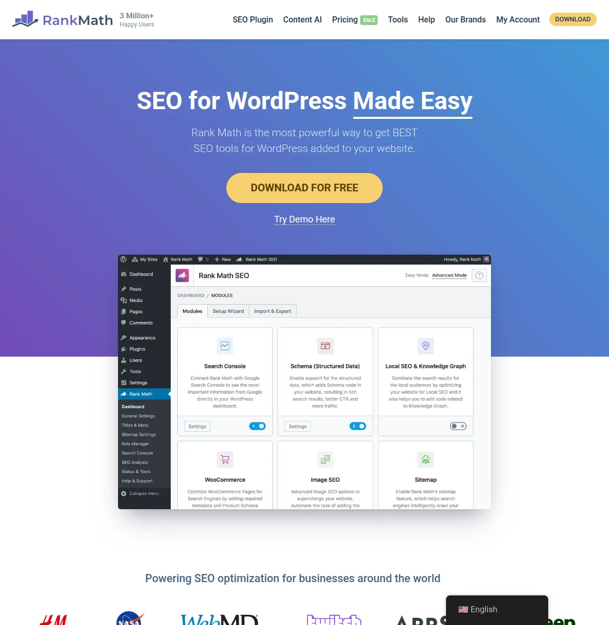 Rank Math homepage showing SEO for WordPress Made Easy messaging and download button