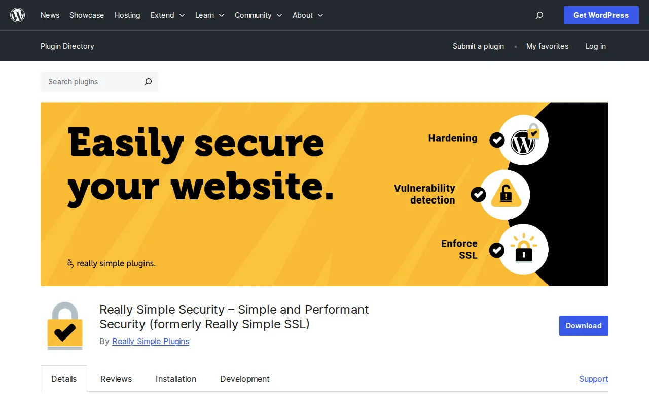 Really Simple Security plugin on WordPress.org showing SSL enforcement, hardening, and vulnerability detection features
