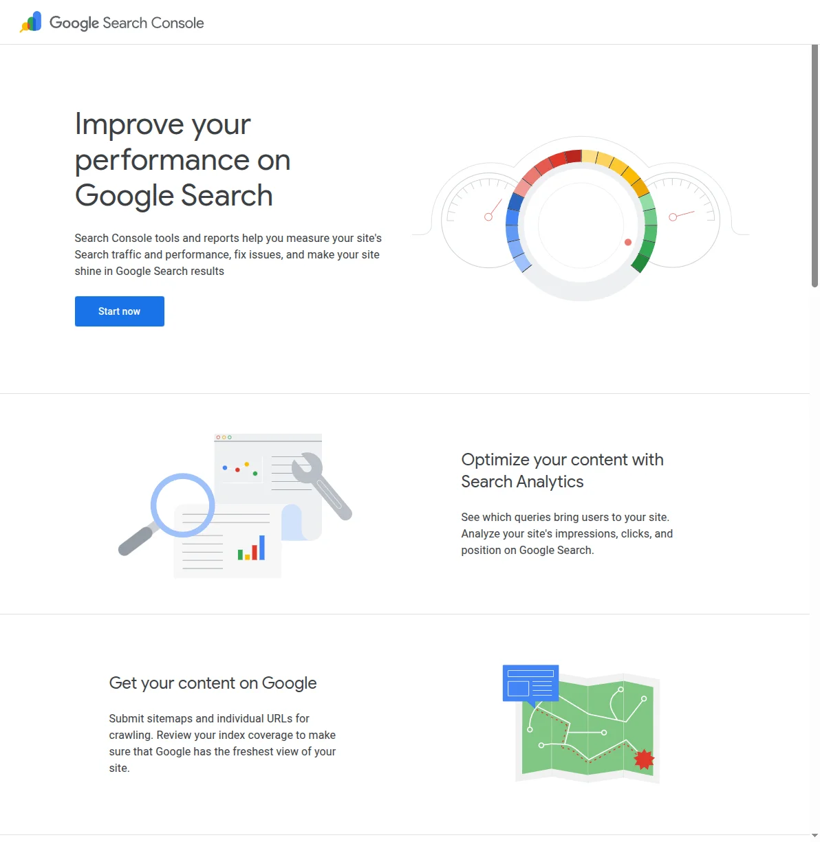 Google Search Console homepage showing performance monitoring tools