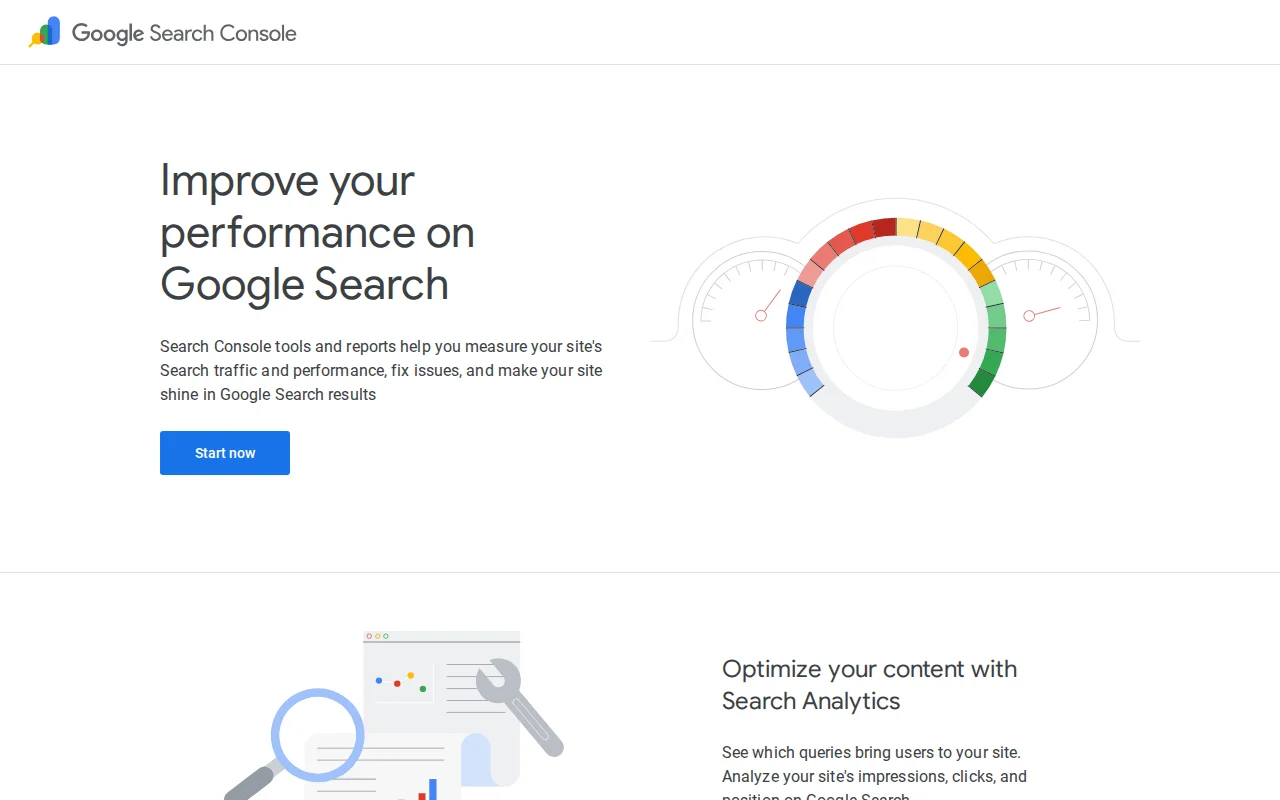 Google Search Console about page showing performance monitoring and search analytics tools