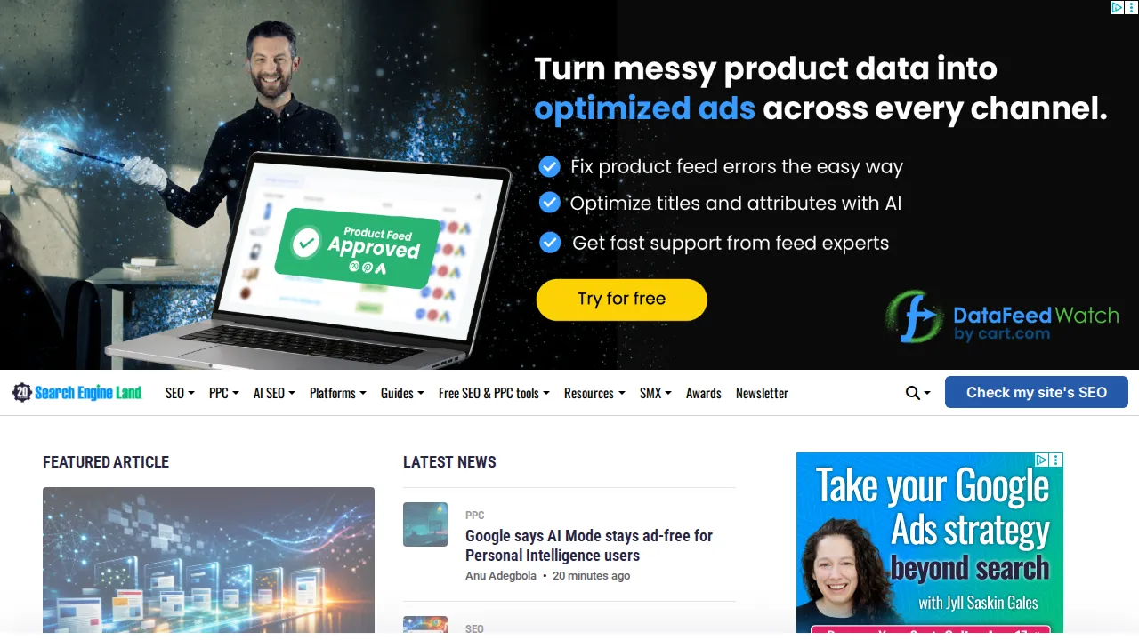 Search Engine Land homepage — an essential industry publication for SEO news and algorithm updates