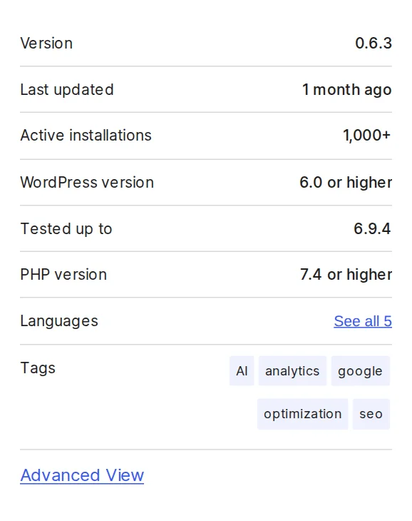 SEO Engine plugin meta panel on WordPress.org showing version, update date, and active installations