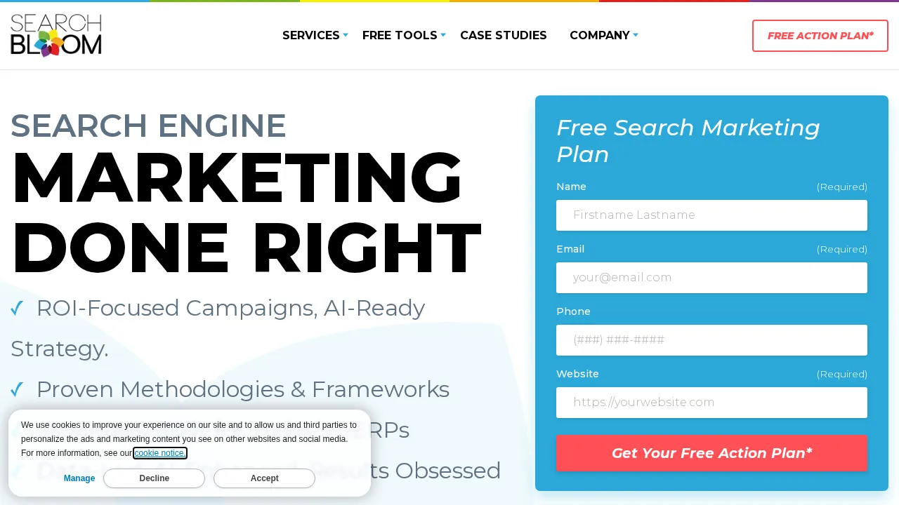 Searchbloom homepage — a custom-strategy SEO agency focused on ROI