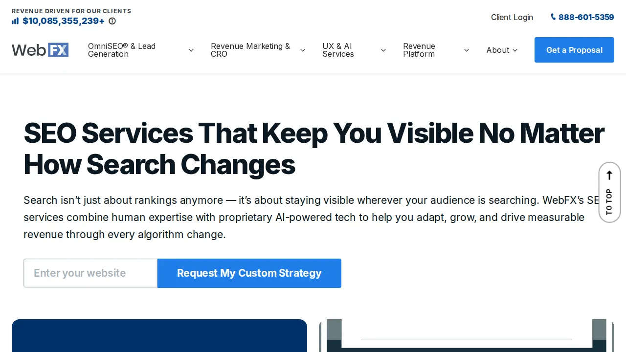 WebFX SEO services page showing their approach to search engine optimization for WordPress and other platforms