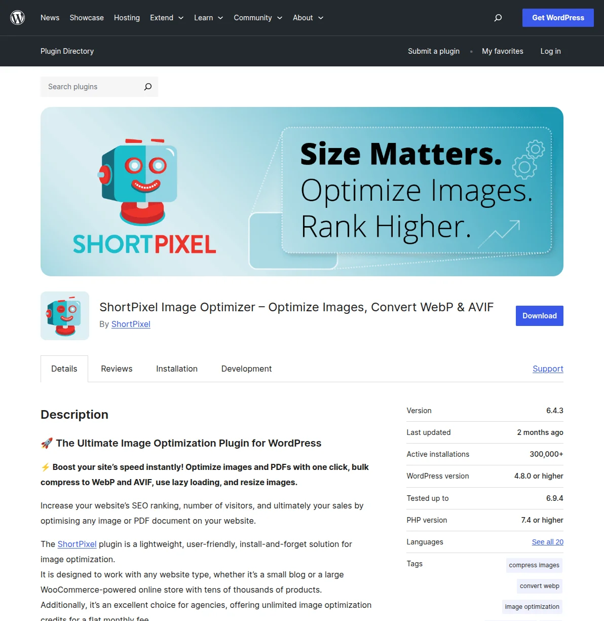 ShortPixel Image Optimizer plugin page on WordPress.org showing the image optimization and WebP conversion features