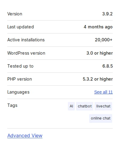 Smartsupp plugin meta panel on WordPress.org showing version, update date, and active installations