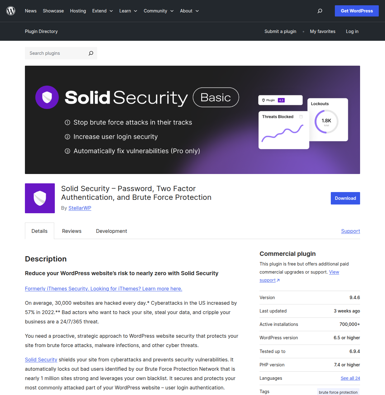Solid Security plugin page on WordPress.org showing password protection, 2FA, and brute force protection