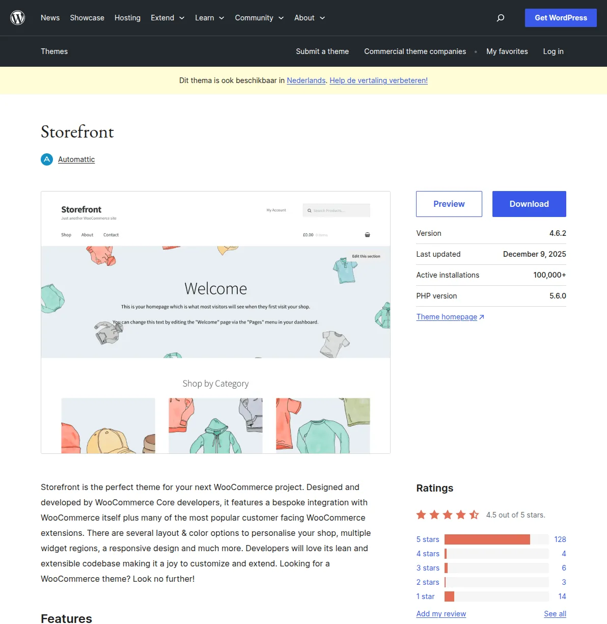 Storefront WordPress theme page showing the official WooCommerce theme with 100,000+ active installations