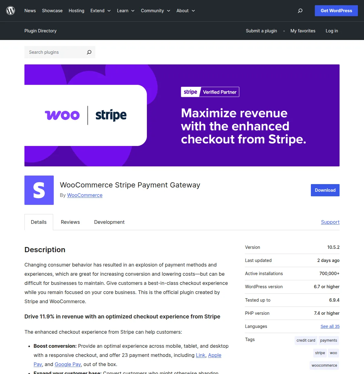 WooCommerce Stripe Payment Gateway plugin page showing support for 23 payment methods including Apple Pay and Google Pay