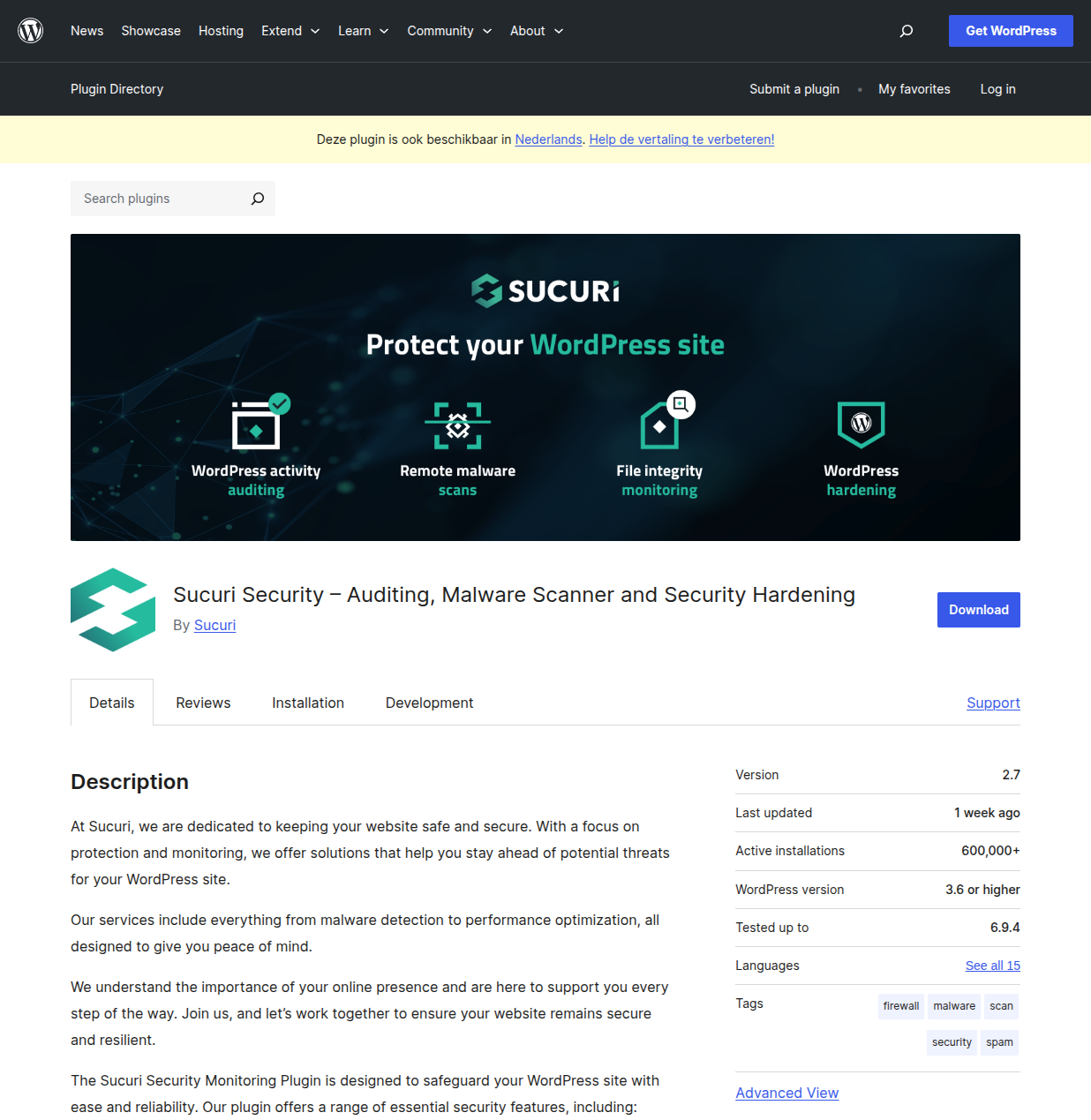 Sucuri Security plugin page on WordPress.org showing auditing, malware scanning, and hardening features