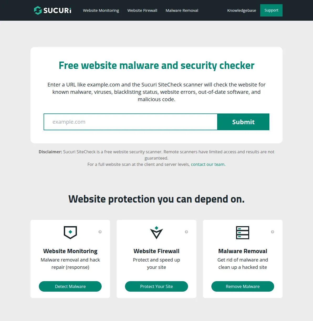 Sucuri SiteCheck free website malware and security checker homepage with URL input field and Submit button