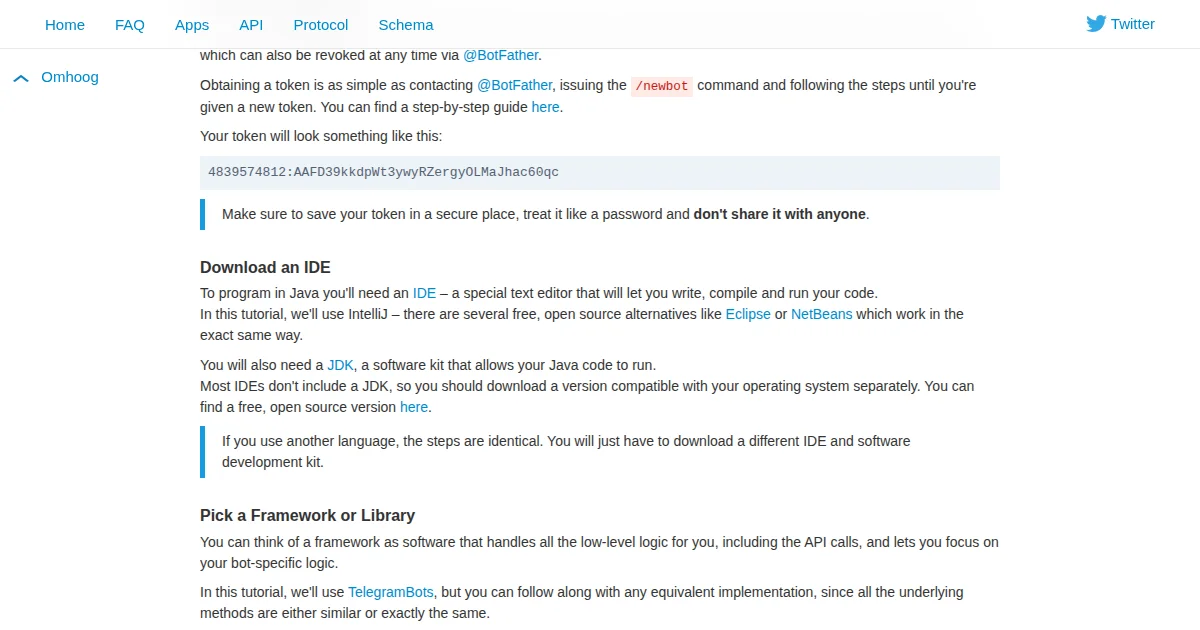 Telegram BotFather tutorial showing how to obtain a bot token with the /newbot command