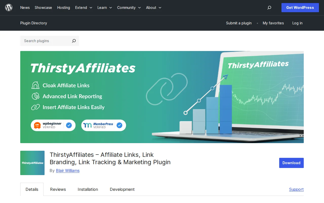 ThirstyAffiliates plugin page on WordPress.org showing affiliate link management features