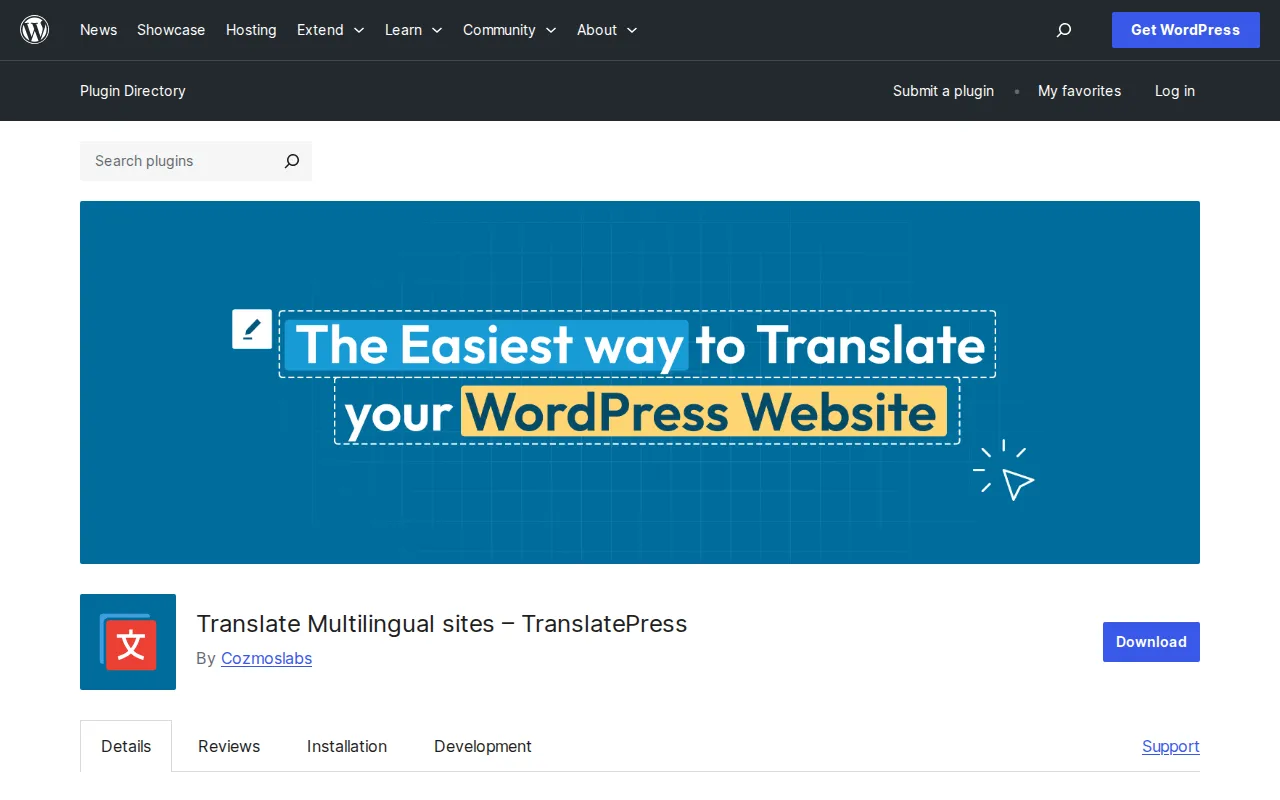 TranslatePress plugin page on WordPress.org showing the visual front-end translation editor