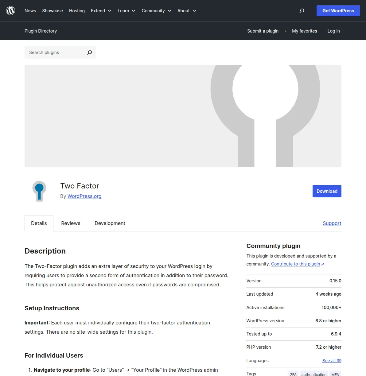 Two-Factor authentication plugin page on WordPress.org showing 100,000+ active installations and 4.8-star rating