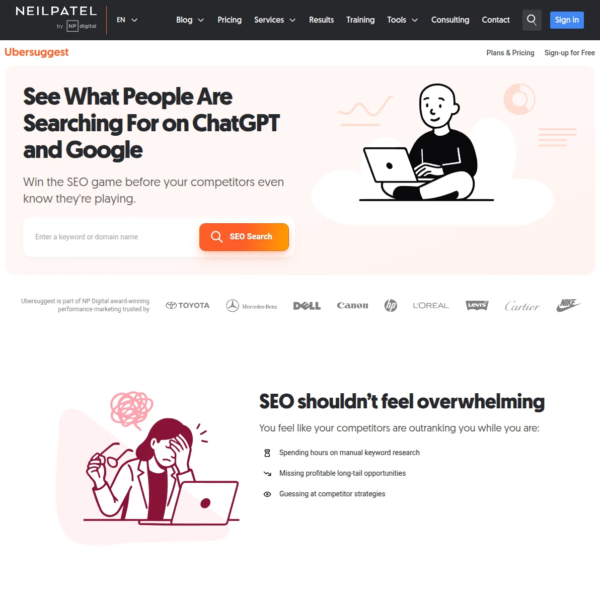 Ubersuggest homepage by Neil Patel showing the keyword search tool with options for SEO search and competitor analysis