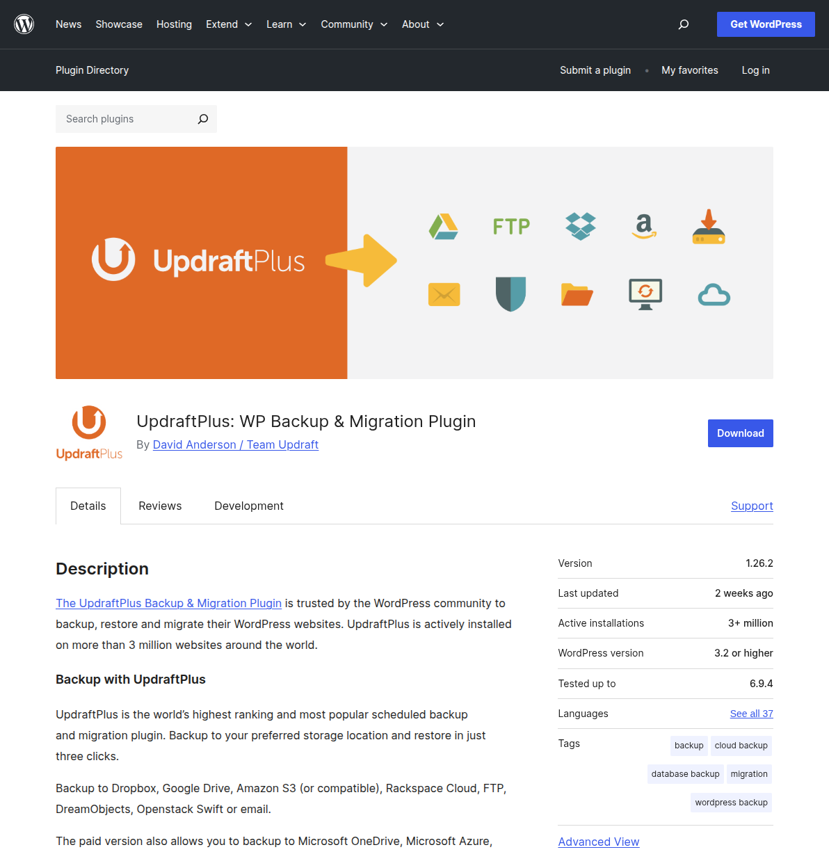 UpdraftPlus backup plugin page on WordPress.org showing 3+ million active installations and 4.8 star rating
