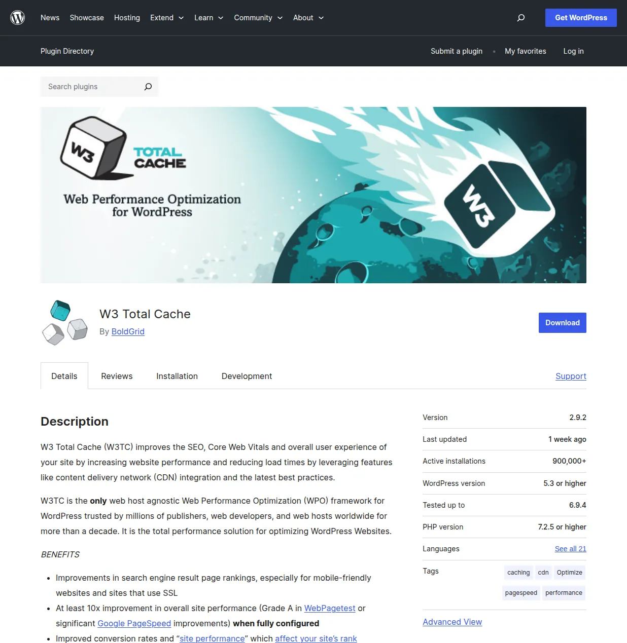 W3 Total Cache plugin page in the WordPress directory showing 900K+ active installations and comprehensive web performance optimization