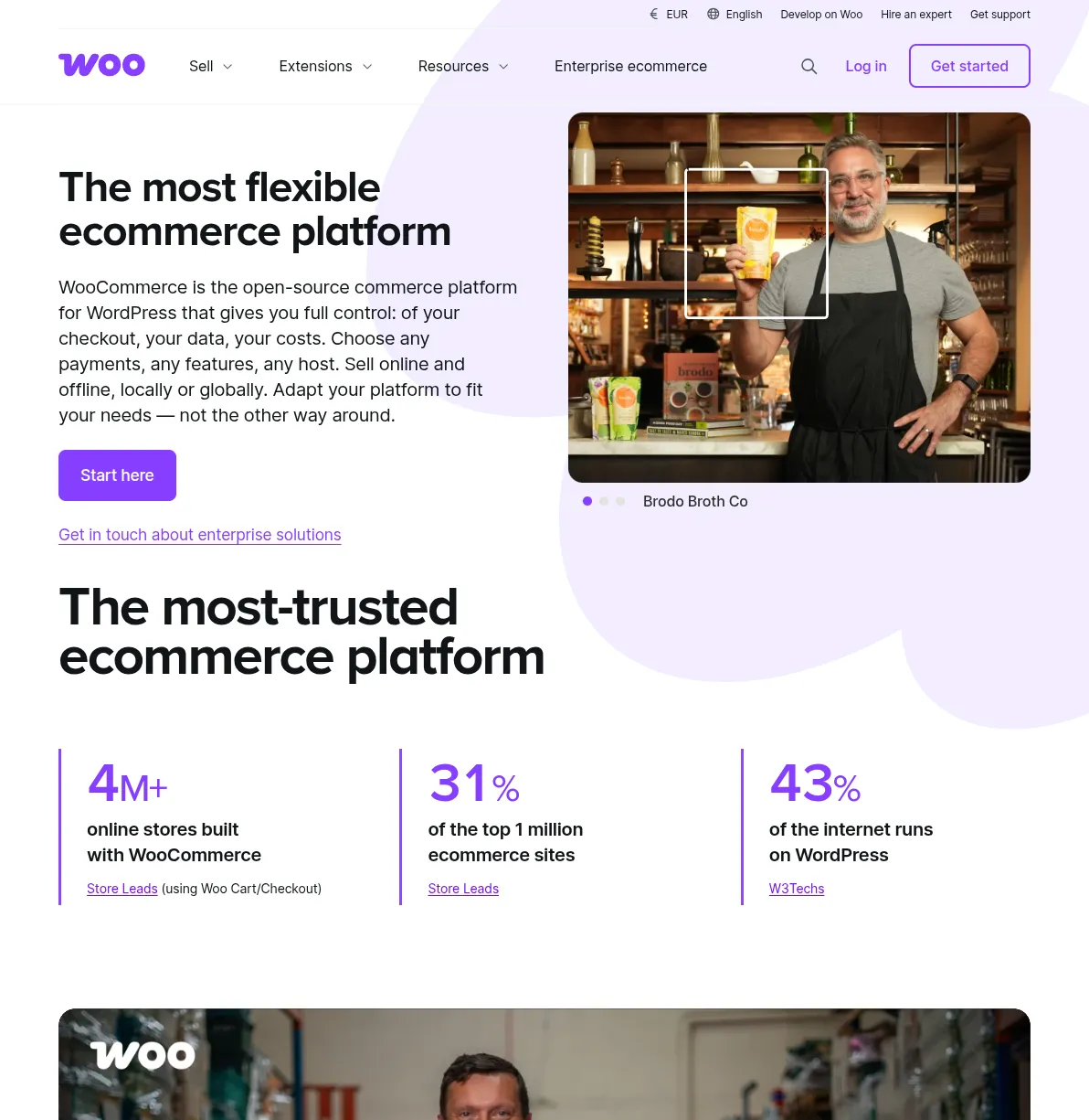 WooCommerce official homepage showing the open-source ecommerce platform for WordPress with 4M+ online stores built