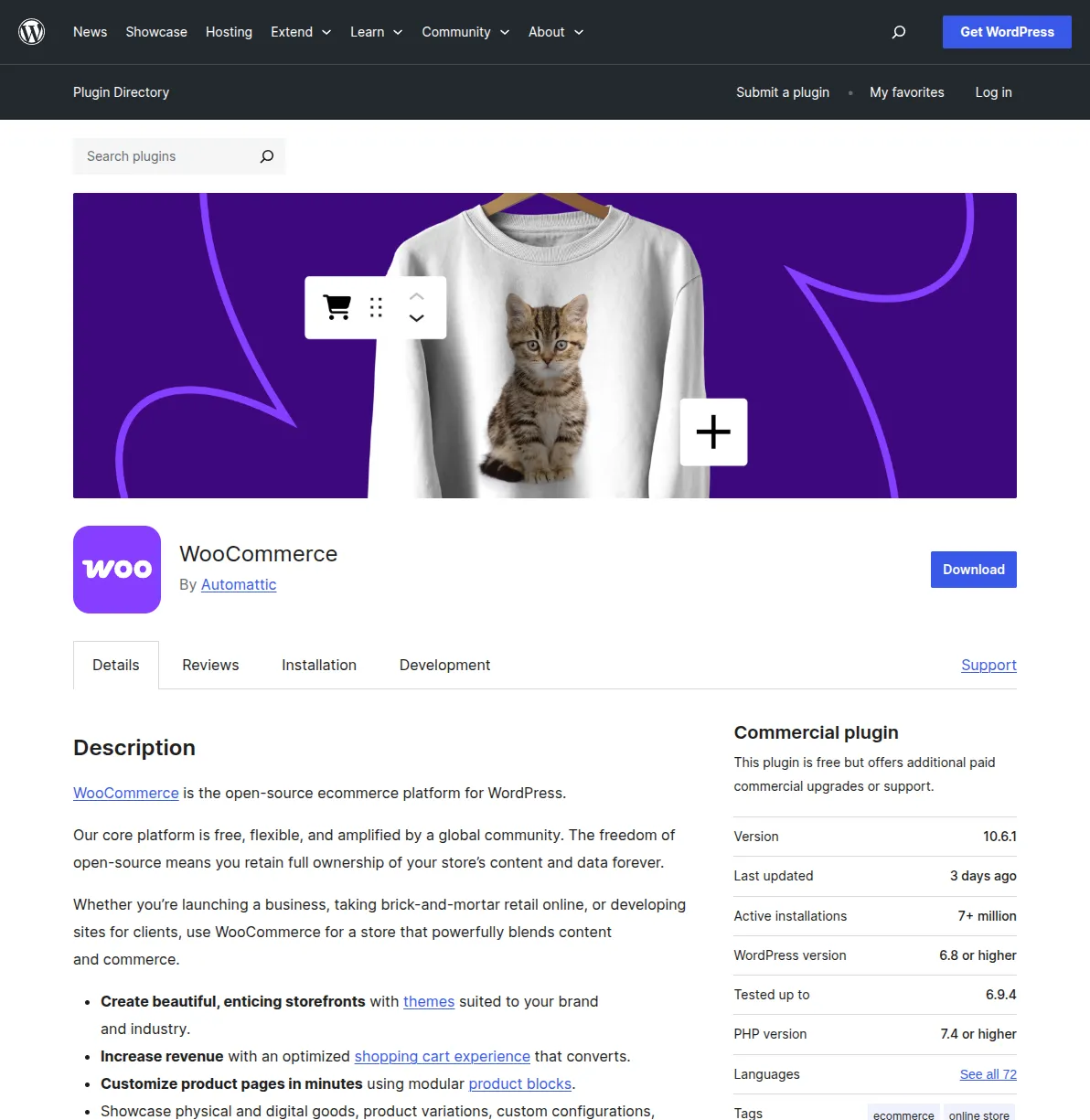 WooCommerce plugin page on WordPress.org showing 7+ million active installations and 4.5-star rating