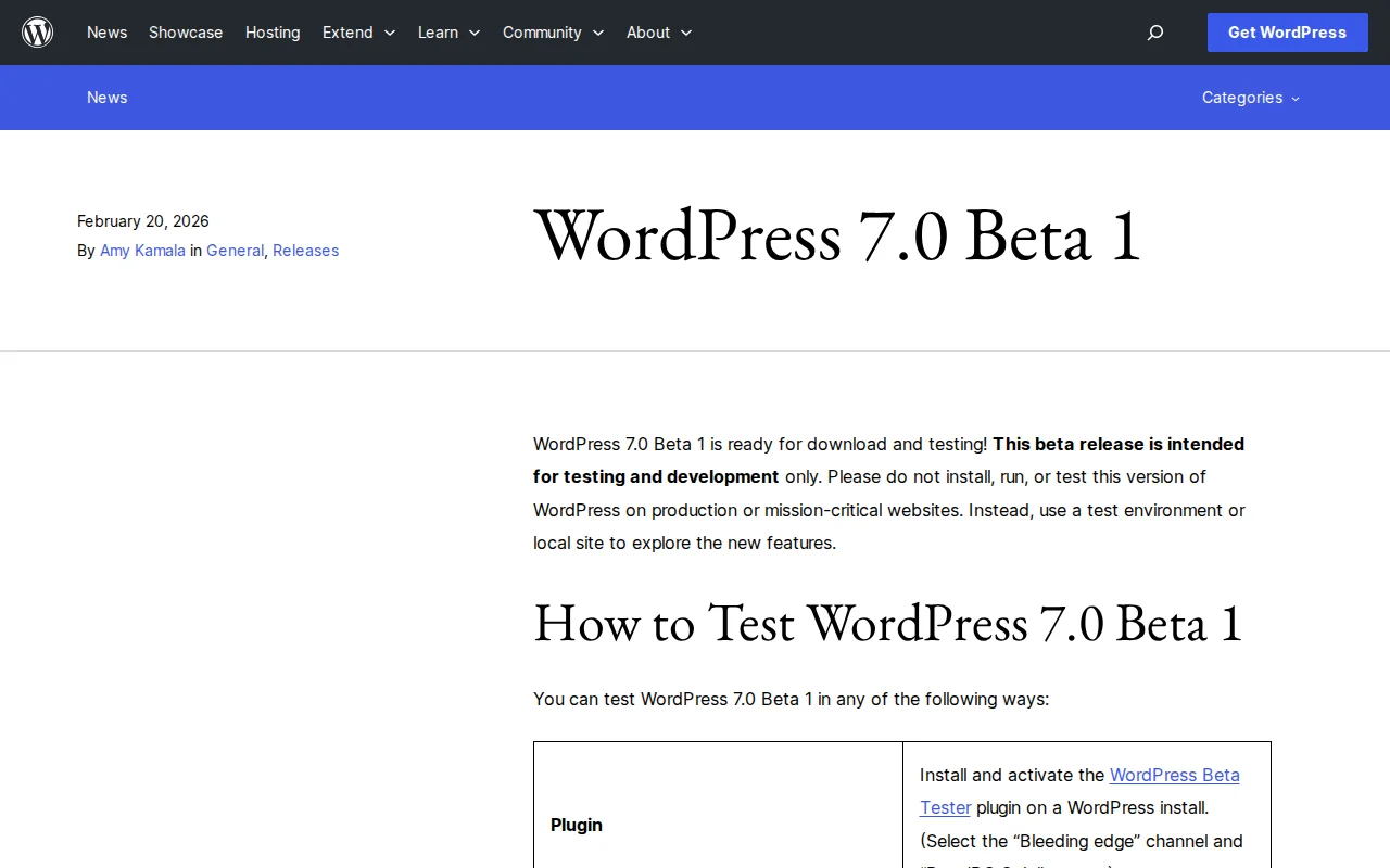 WordPress 7.0 Beta 1 announcement on wordpress.org
