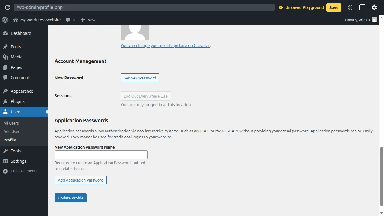 WordPress Application Passwords section in the user profile — where you generate a password for OpenClaw