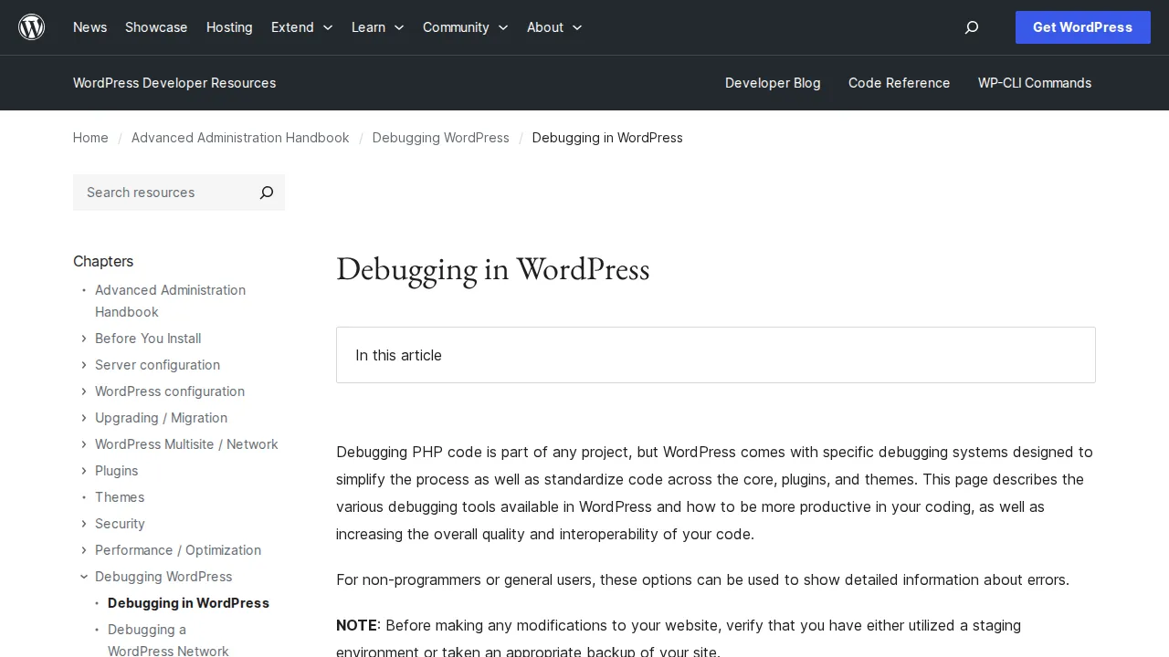WordPress debugging documentation page showing WP_DEBUG instructions