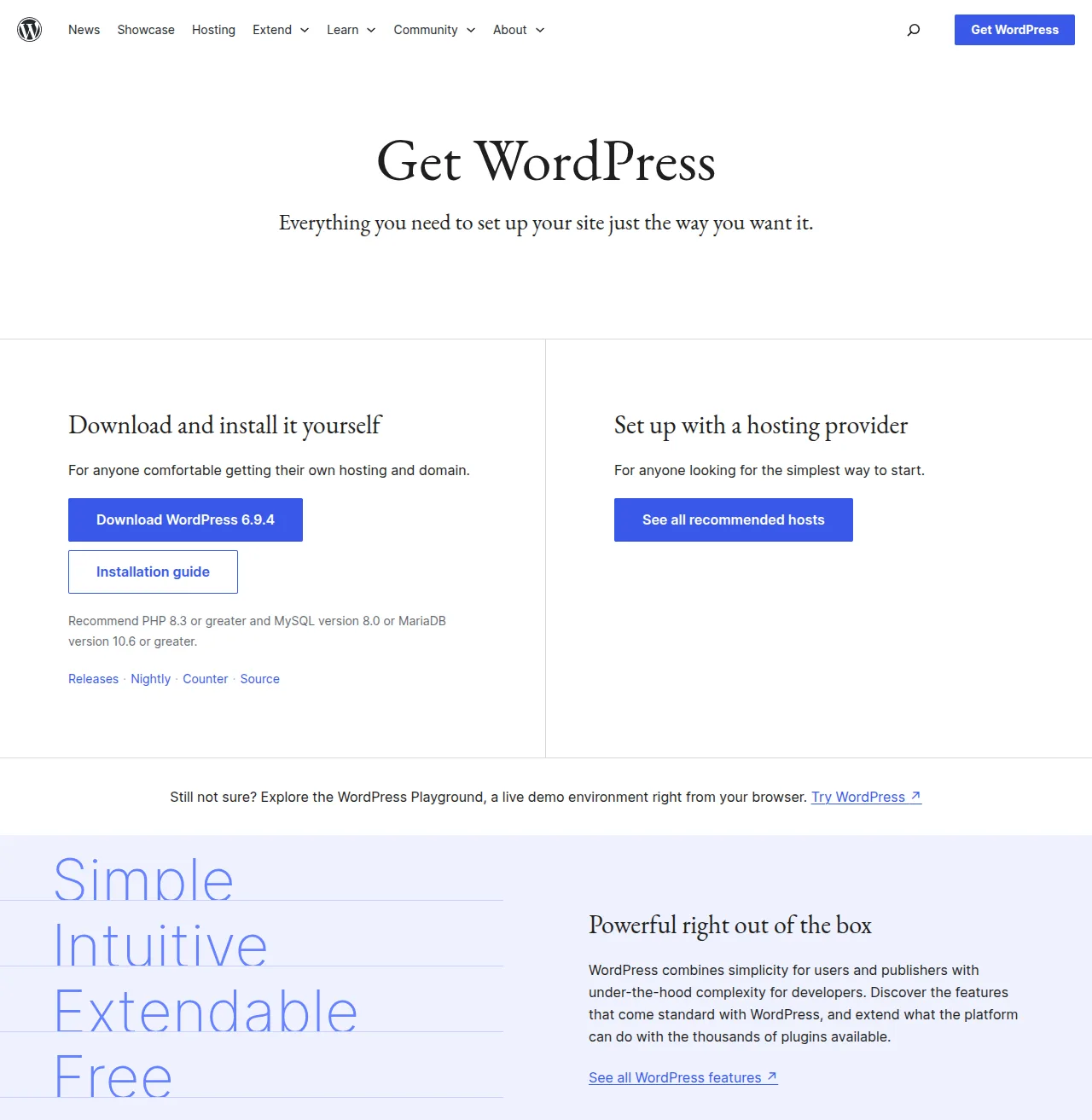 WordPress.org download page showing the latest version download button