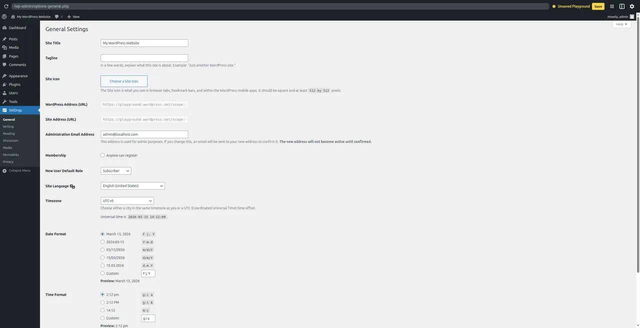 WordPress General Settings page showing site title, tagline, timezone, and URL configuration