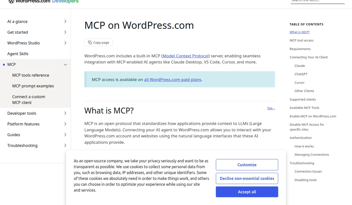 WordPress.com MCP documentation page showing how to connect WordPress to Claude AI