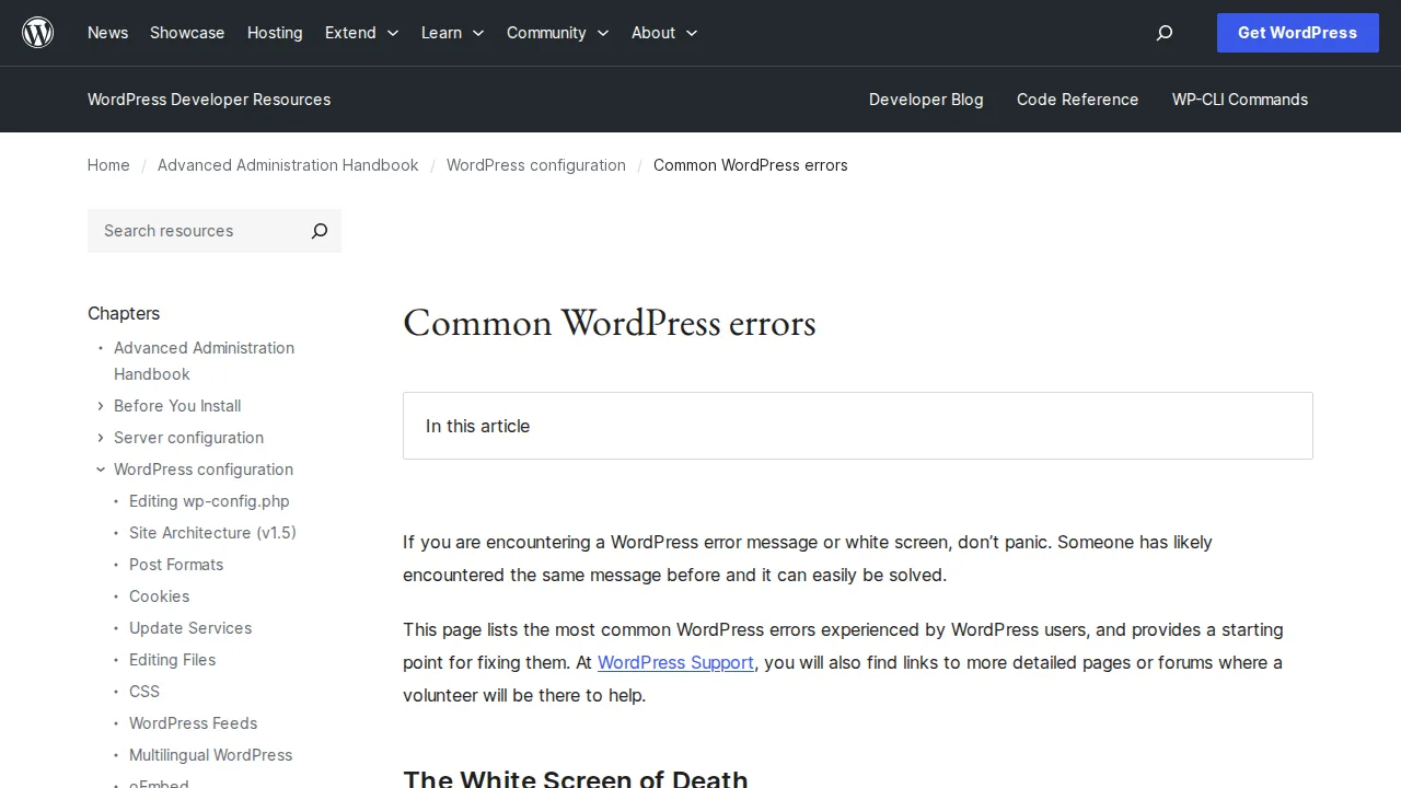 WordPress.org support page listing common WordPress errors