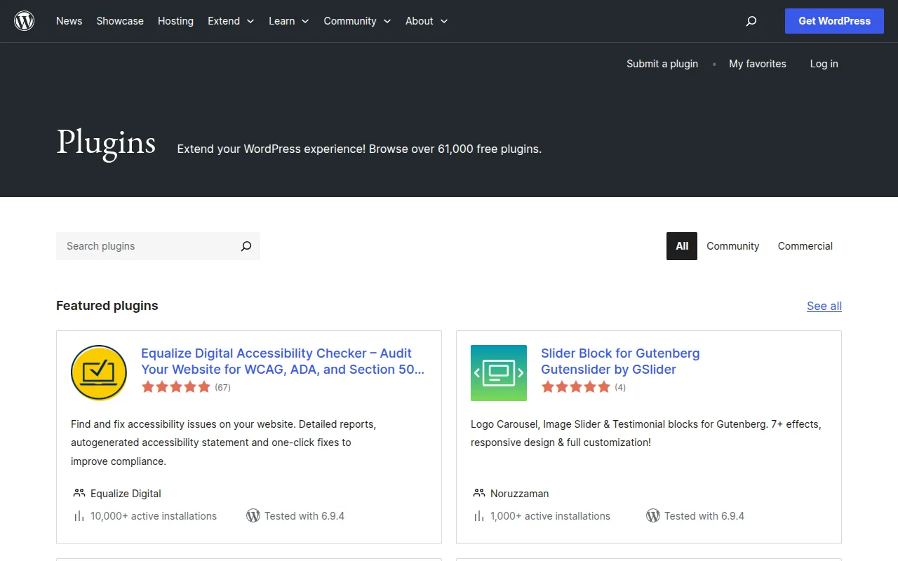 The WordPress.org plugins directory showing thousands of free plugins available to extend your site