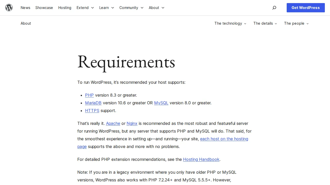 WordPress requirements page showing database server requirements