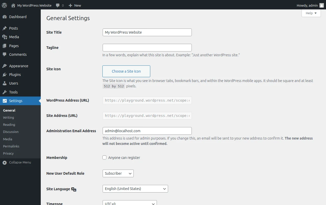 WordPress settings documentation page on the official WordPress developer resources site