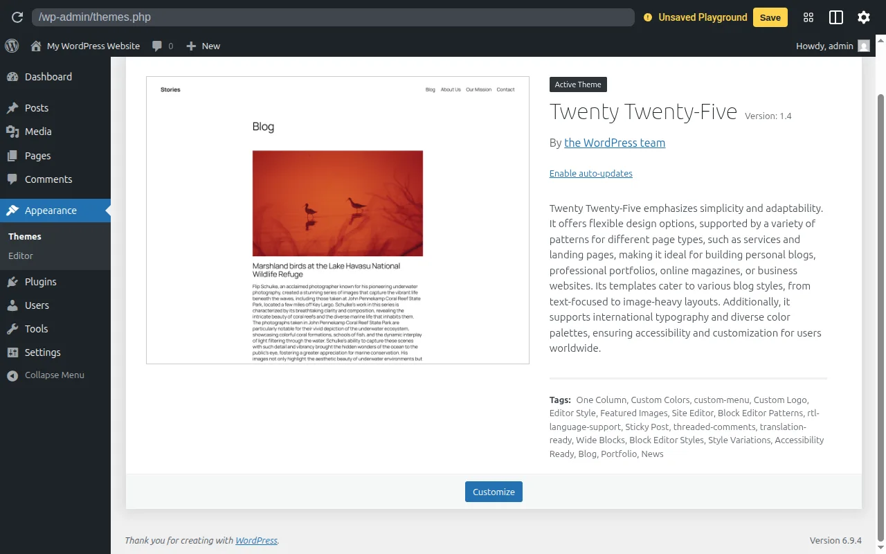 The WordPress Themes admin page showing installed themes with an Add New button to browse the theme directory