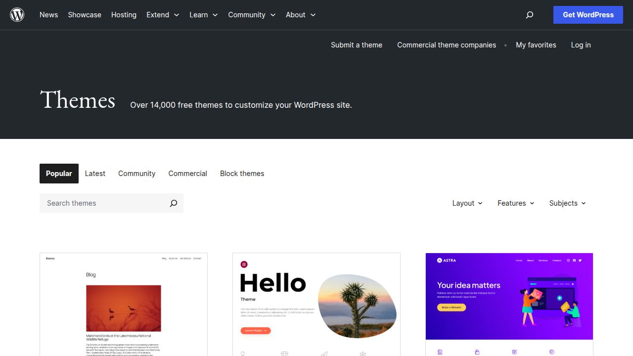 WordPress theme directory showing over 14000 free responsive themes available for customization